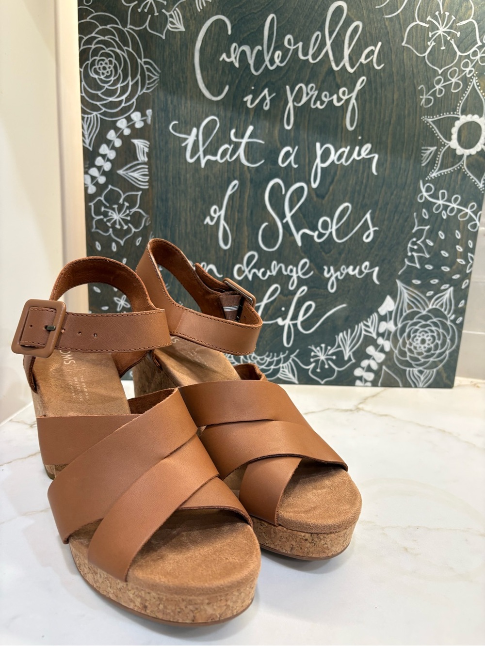 Toms Tan Leather Cork Wedge Sandals, size 9, EUC
